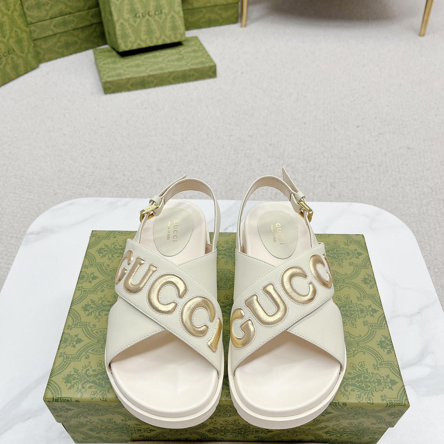 Gucci White Embossed Sandals - PerfectKickZ