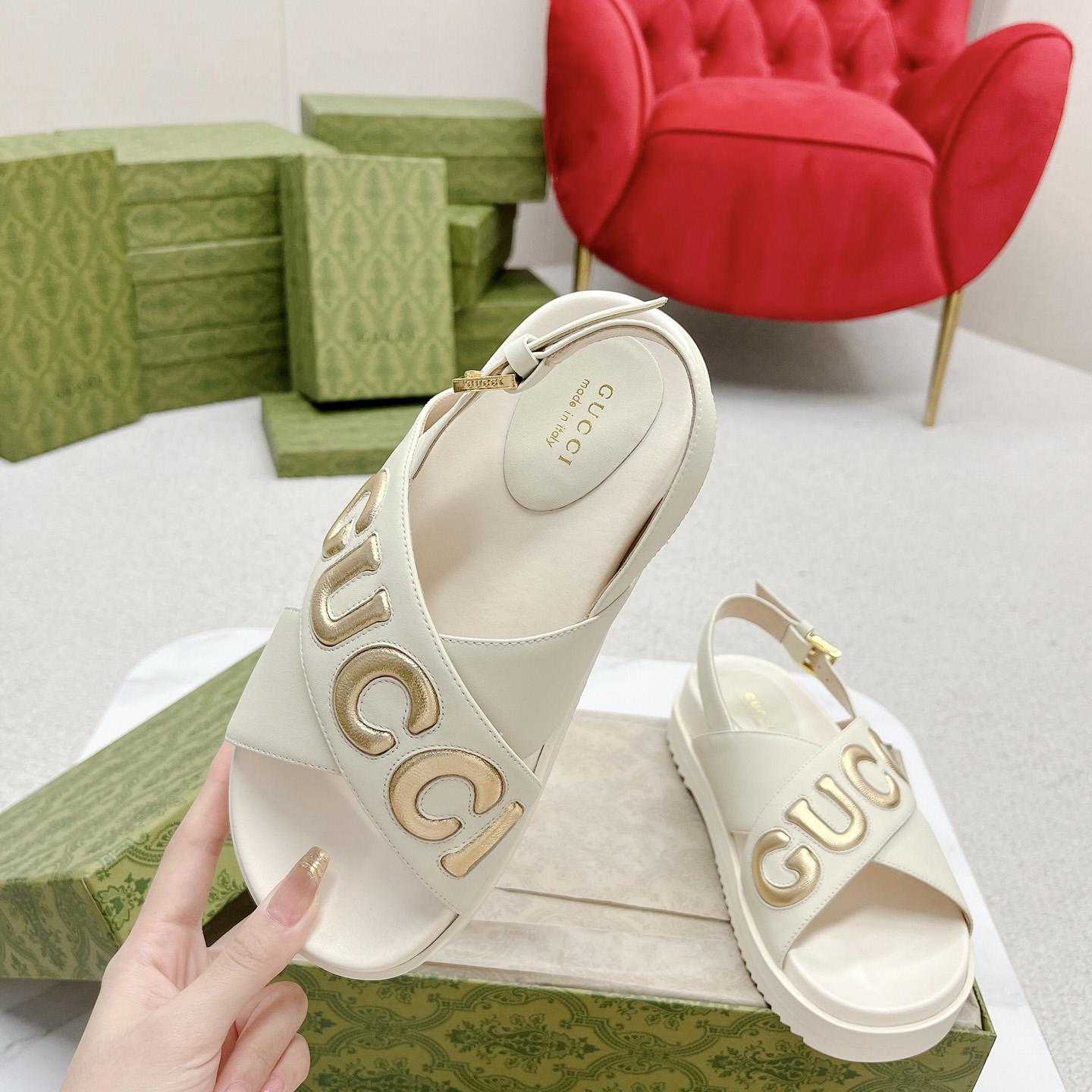 Gucci White Embossed Sandals - PerfectKickZ