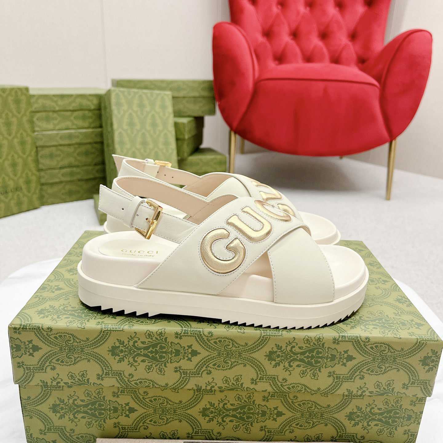 Gucci White Embossed Sandals - PerfectKickZ