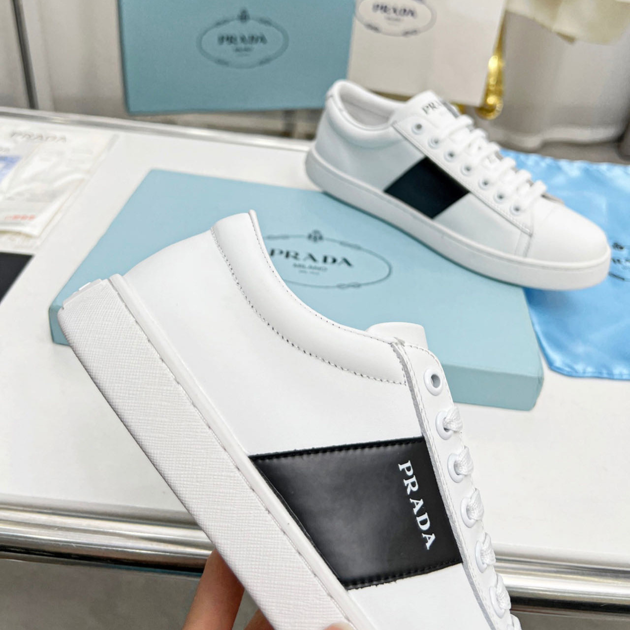 Prada Brushed Leather And Leather Sneakers - PerfectKickZ