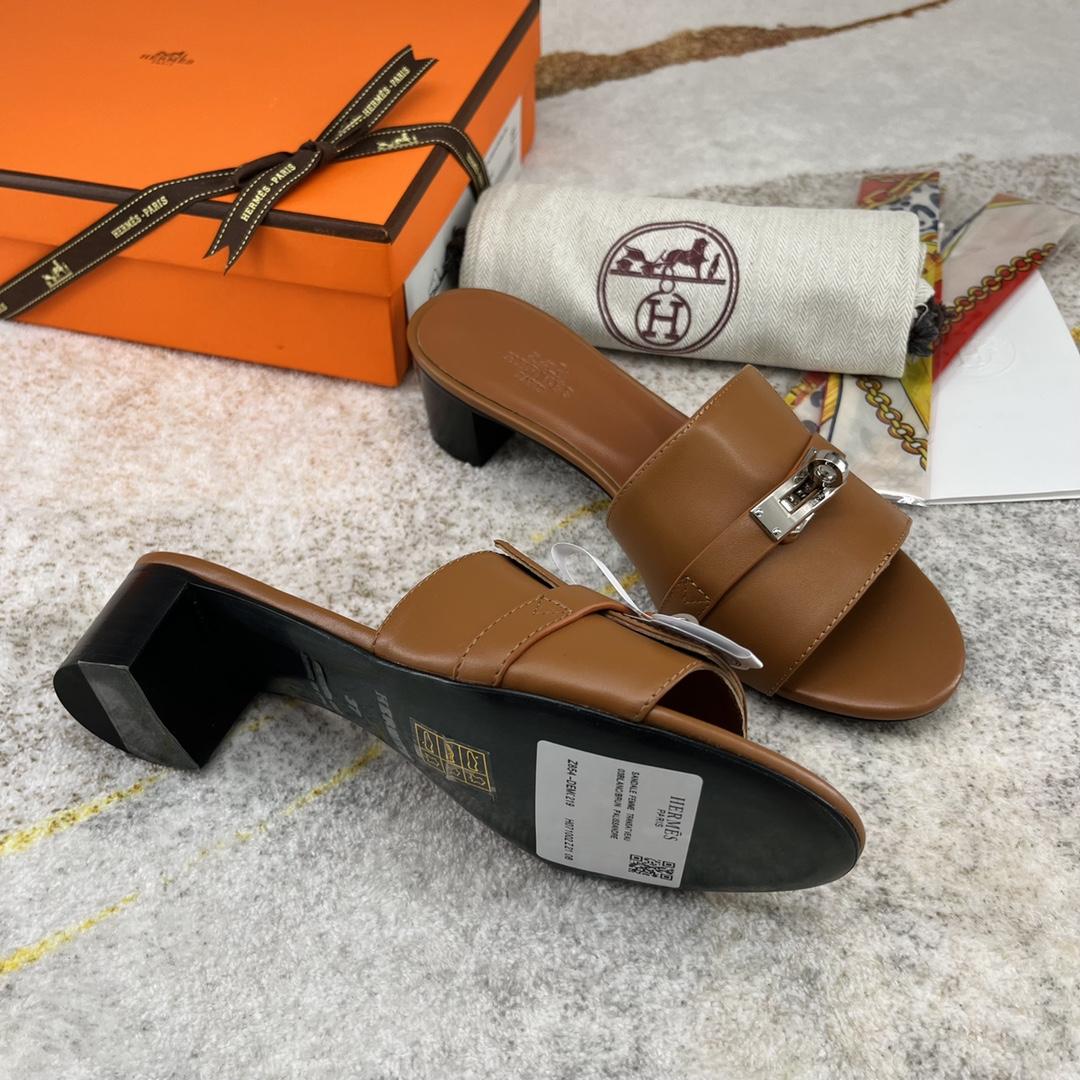 Hermes Open Toe Round Toe Casual Style Plain Leather Block Heels - PerfectKickZ