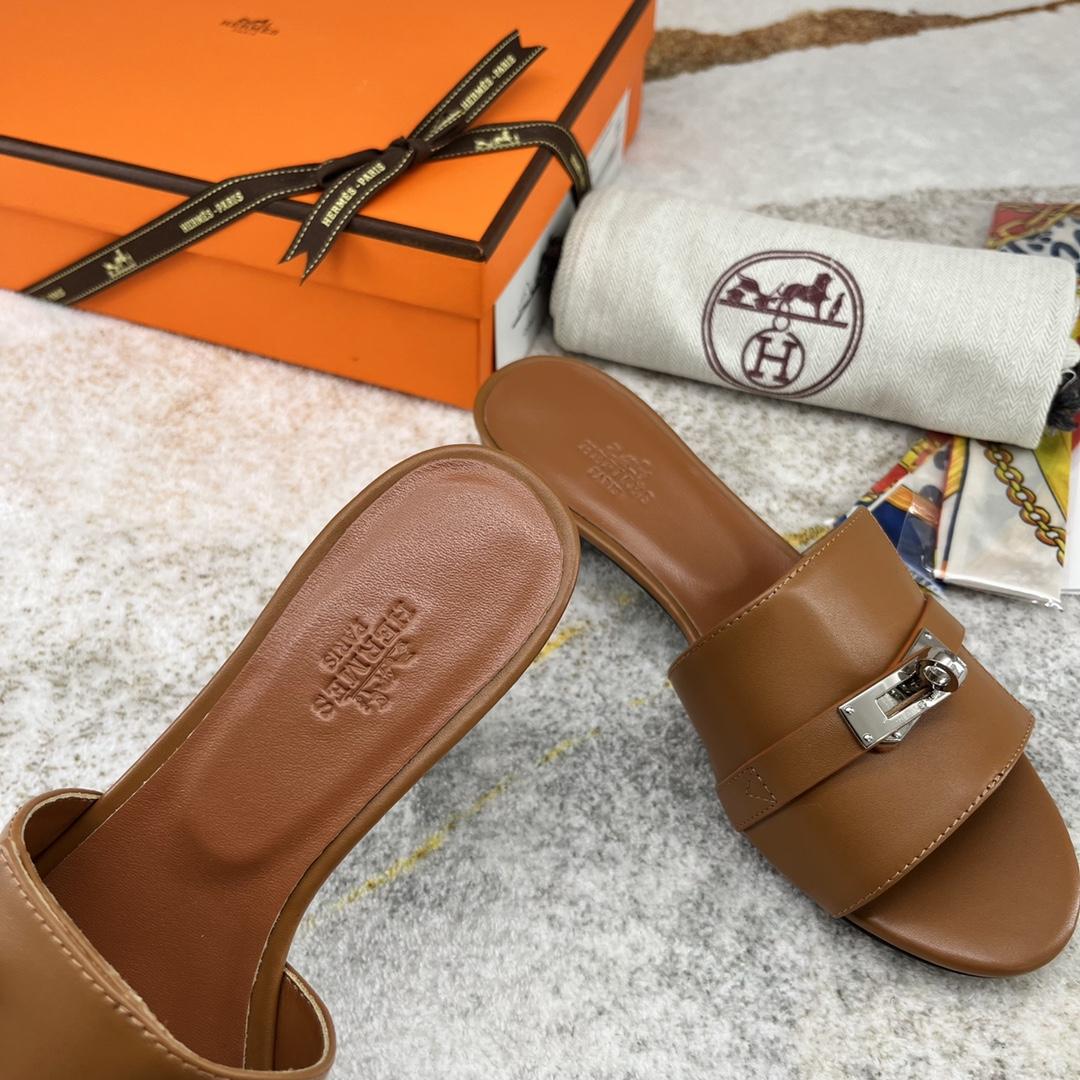 Hermes Open Toe Round Toe Casual Style Plain Leather Block Heels - PerfectKickZ