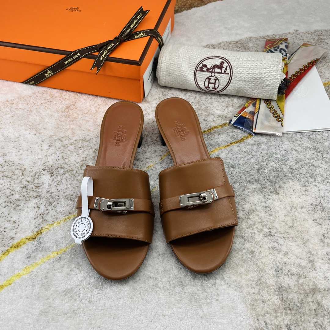 Hermes Open Toe Round Toe Casual Style Plain Leather Block Heels - PerfectKickZ