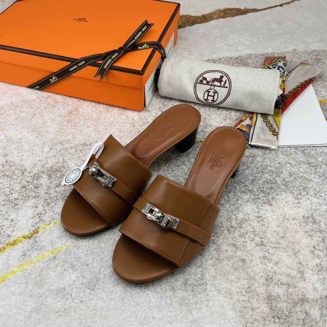 Hermes Open Toe Round Toe Casual Style Plain Leather Block Heels - PerfectKickZ