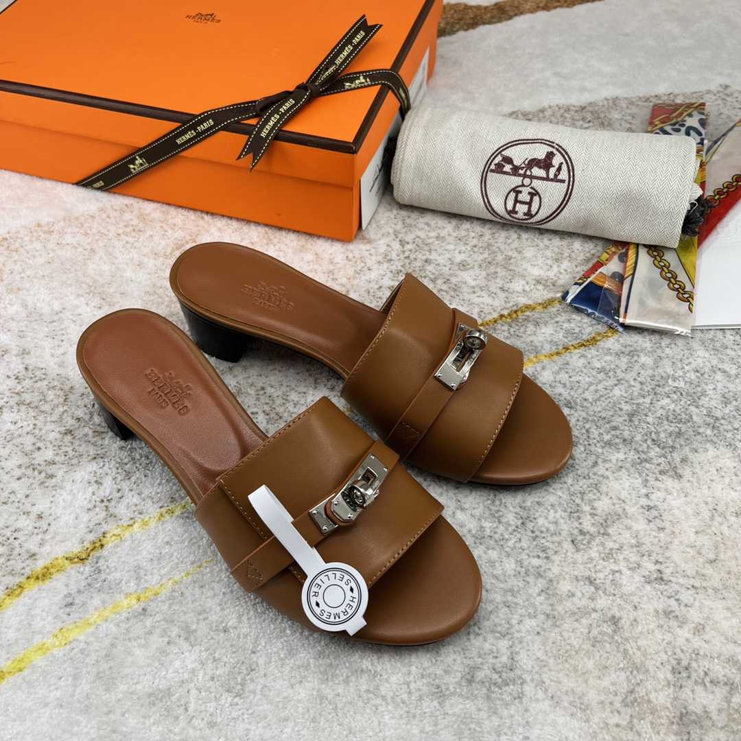 Hermes Open Toe Round Toe Casual Style Plain Leather Block Heels - PerfectKickZ