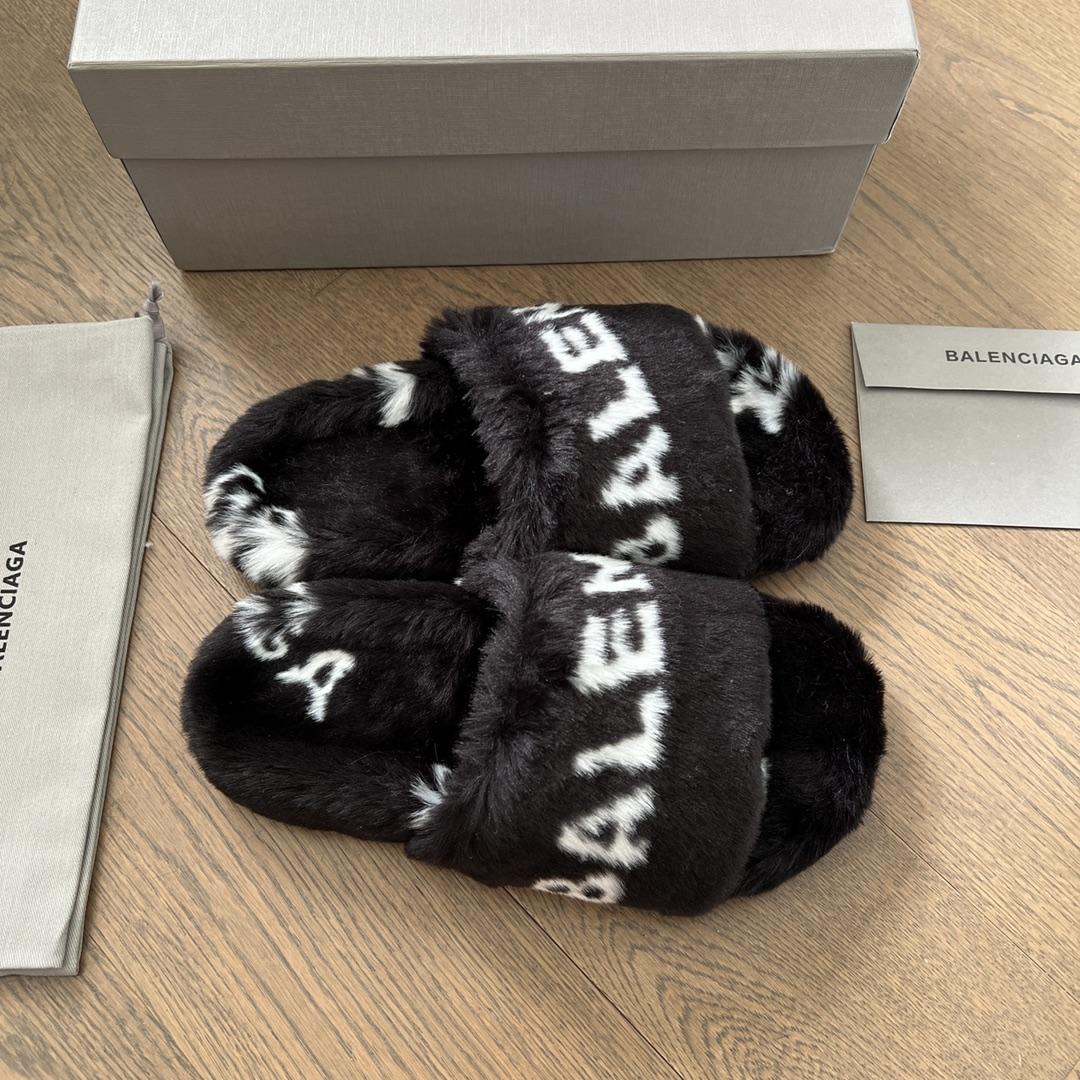 Balenciaga Faux fur Logo Slippers - PerfectKickZ