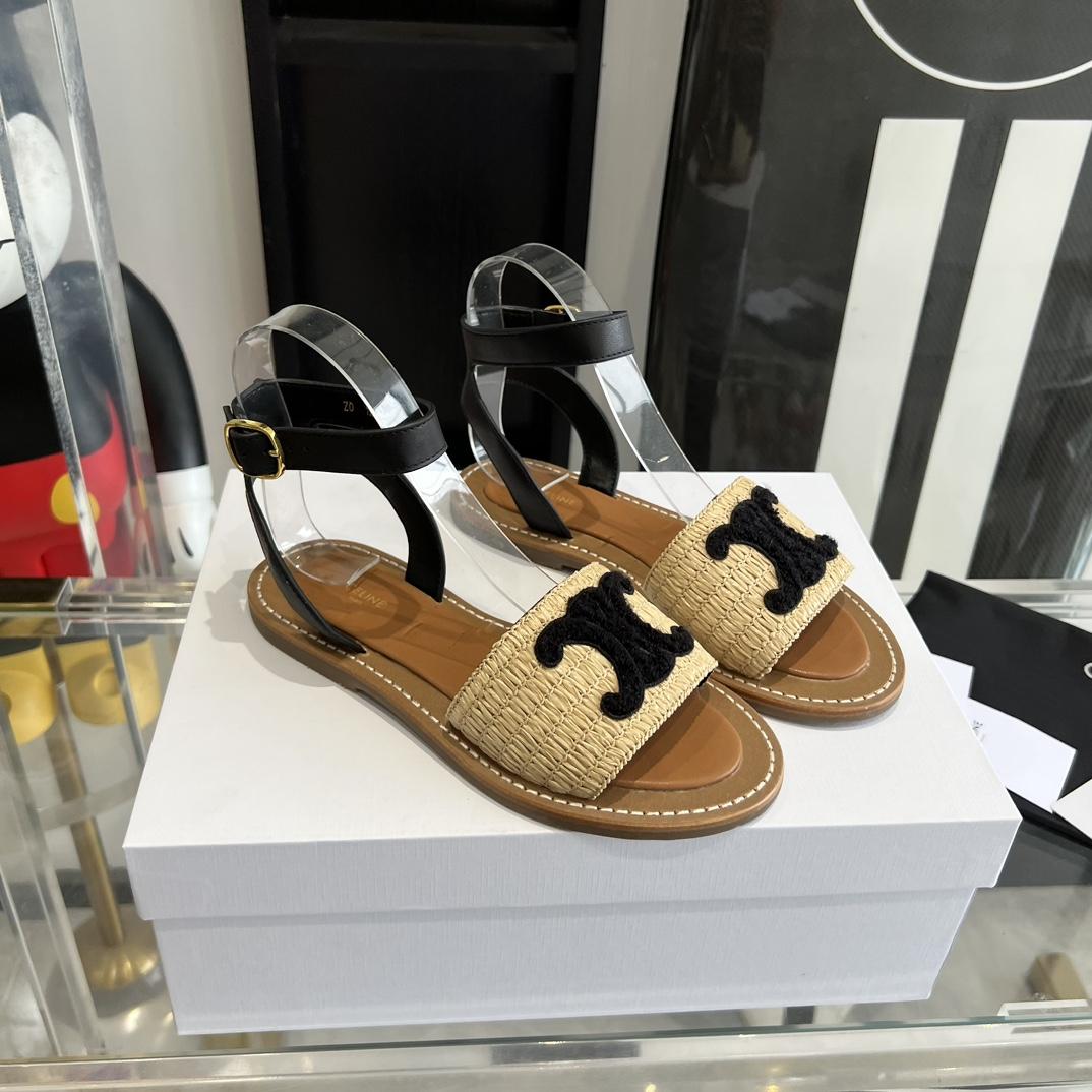 Celine Lympia Flat Strap Sandal In Raffia & Calfskin - PerfectKickZ