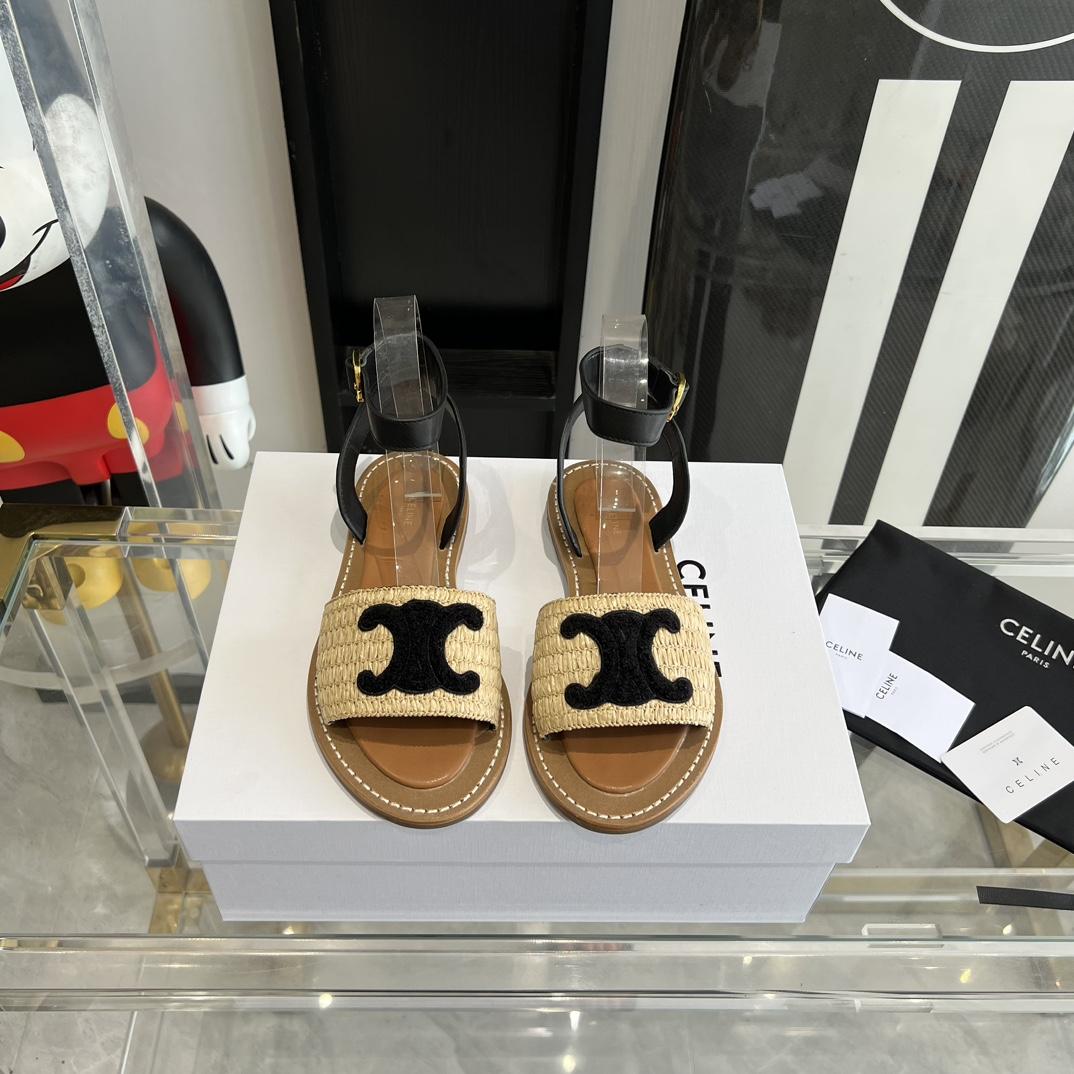 Celine Lympia Flat Strap Sandal In Raffia & Calfskin - PerfectKickZ