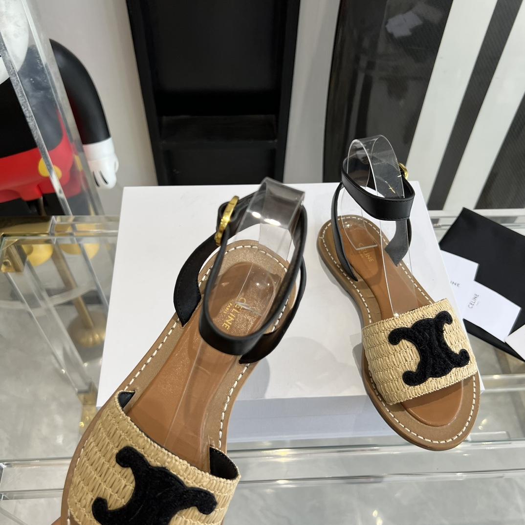 Celine Lympia Flat Strap Sandal In Raffia & Calfskin - PerfectKickZ