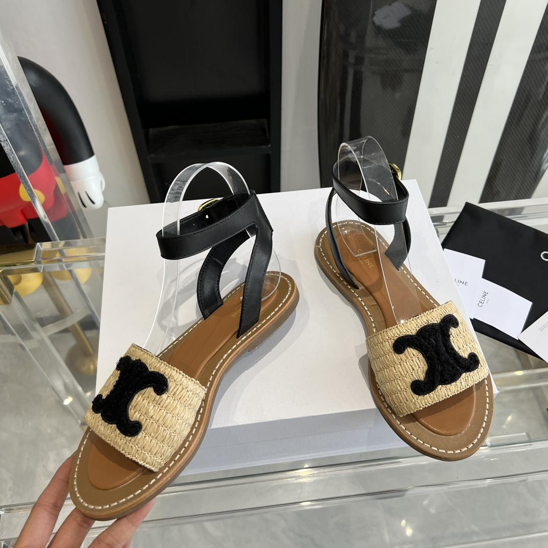 Celine Lympia Flat Strap Sandal In Raffia & Calfskin - PerfectKickZ