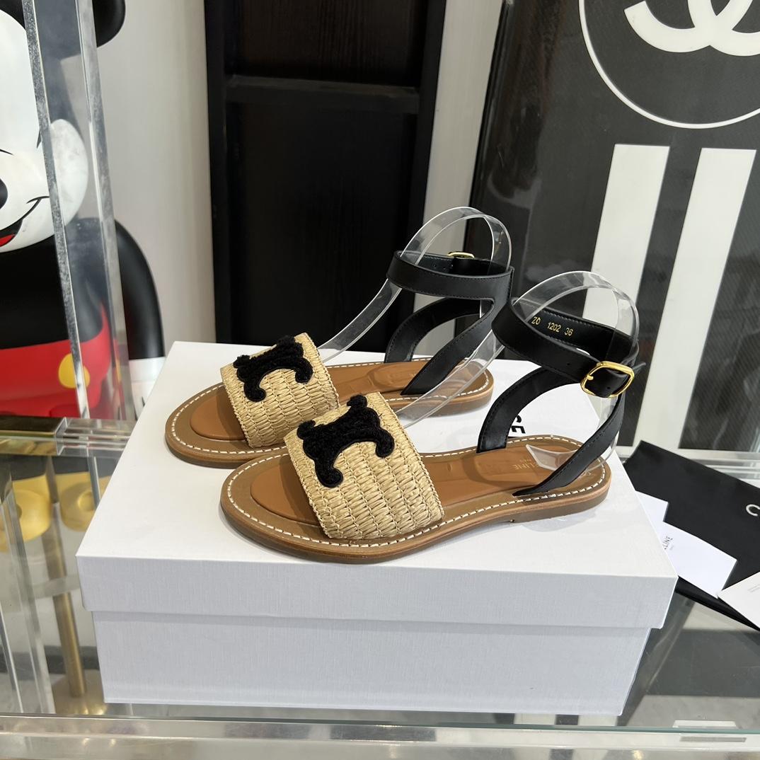 Celine Lympia Flat Strap Sandal In Raffia & Calfskin - PerfectKickZ