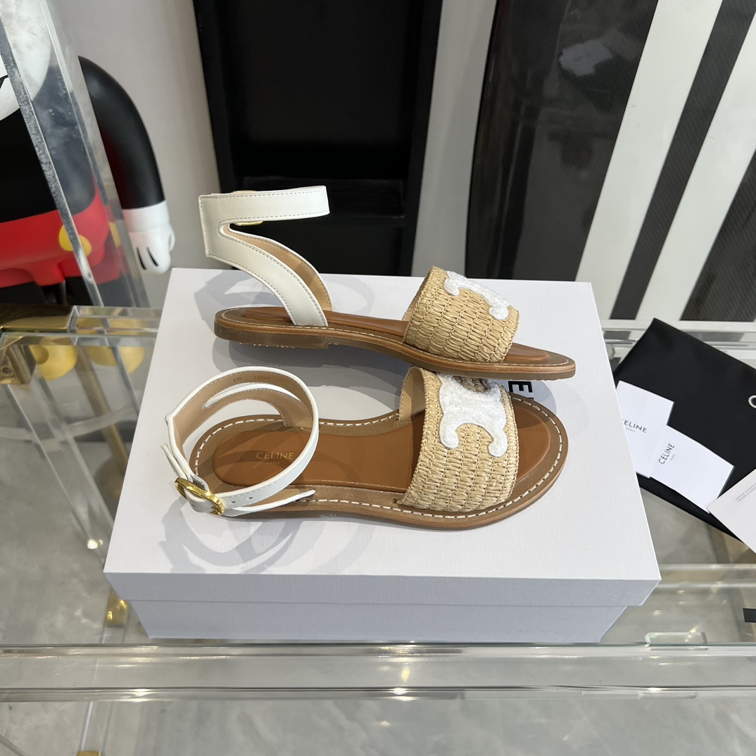 Celine Lympia Flat Strap Sandal In Raffia & Calfskin - 