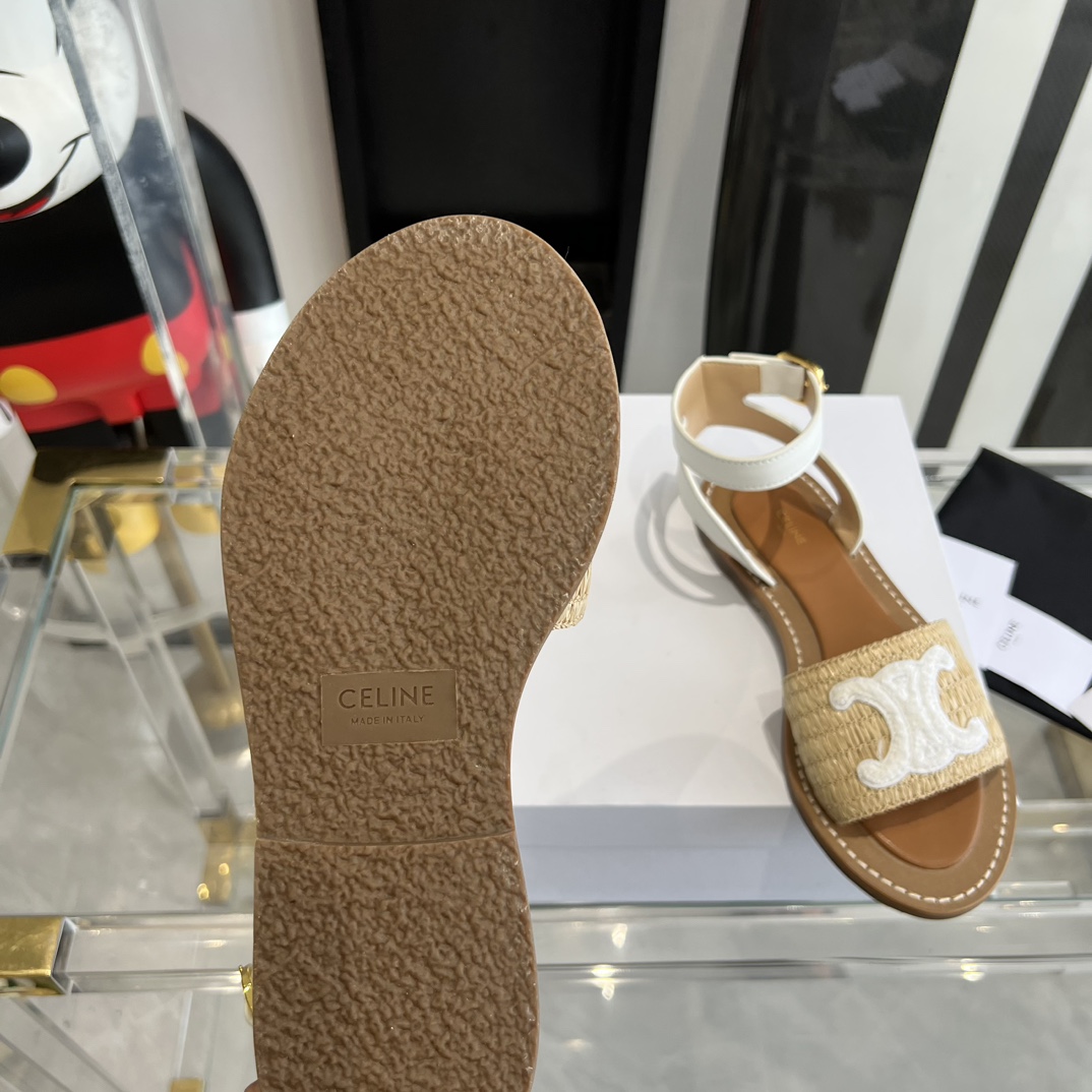 Celine Lympia Flat Strap Sandal In Raffia & Calfskin - 