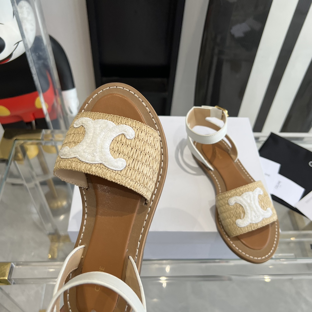Celine Lympia Flat Strap Sandal In Raffia & Calfskin - 