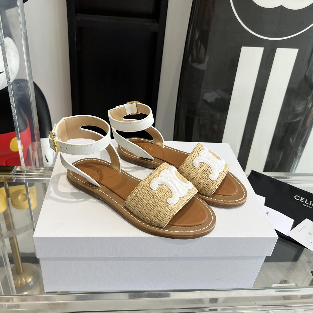 Celine Lympia Flat Strap Sandal In Raffia & Calfskin - 