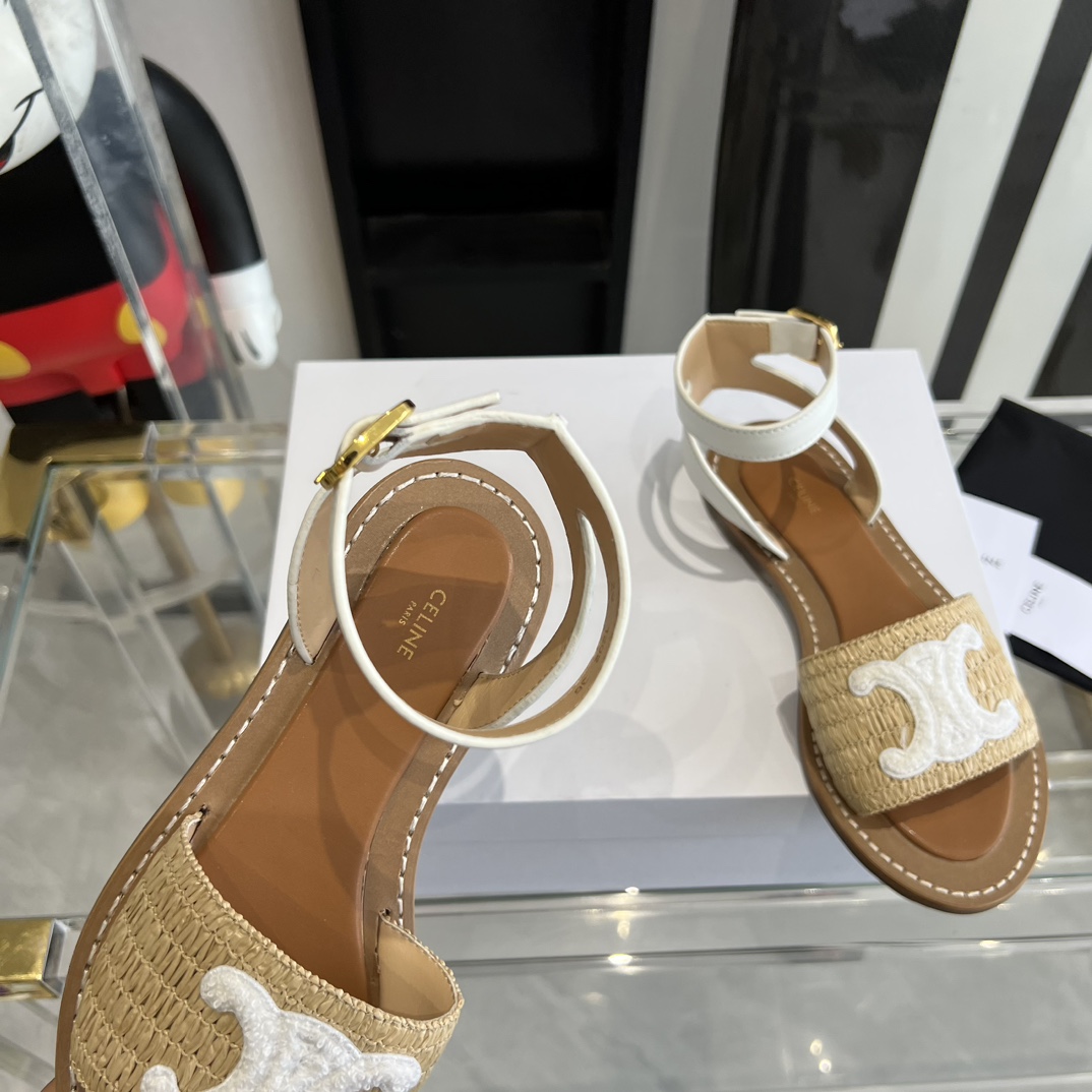 Celine Lympia Flat Strap Sandal In Raffia & Calfskin - 