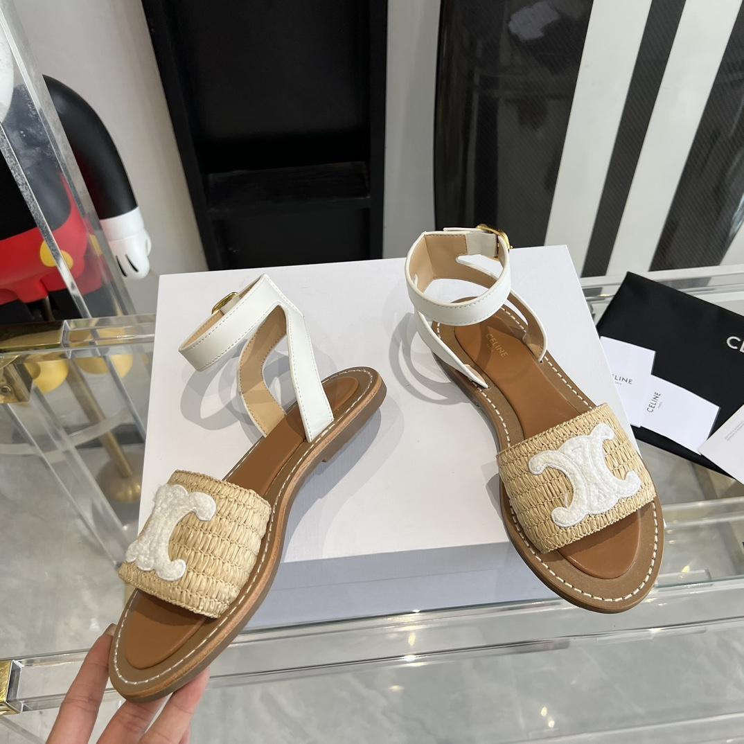 Celine Lympia Flat Strap Sandal In Raffia & Calfskin - 
