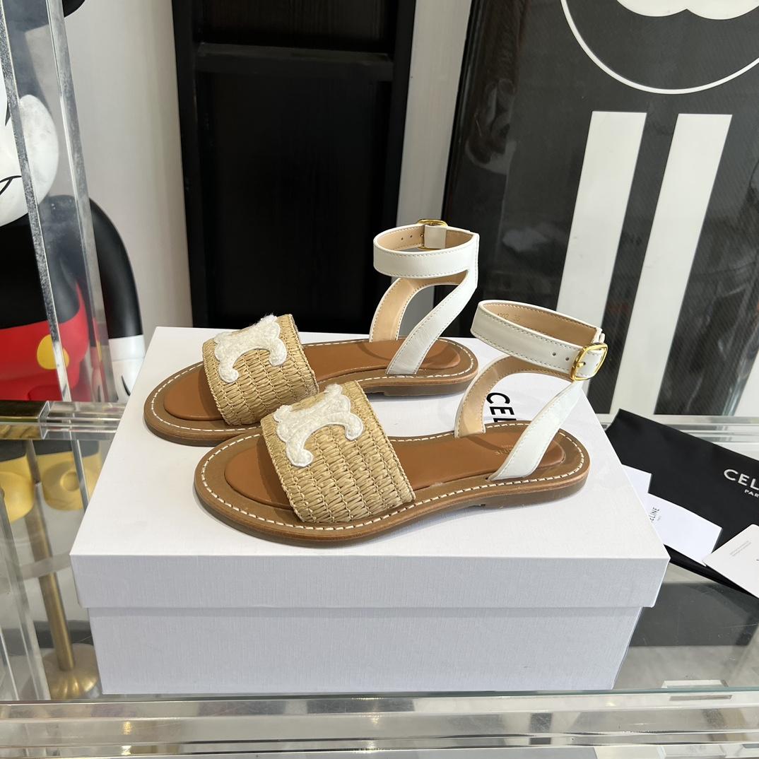 Celine Lympia Flat Strap Sandal In Raffia & Calfskin - PerfectKickZ