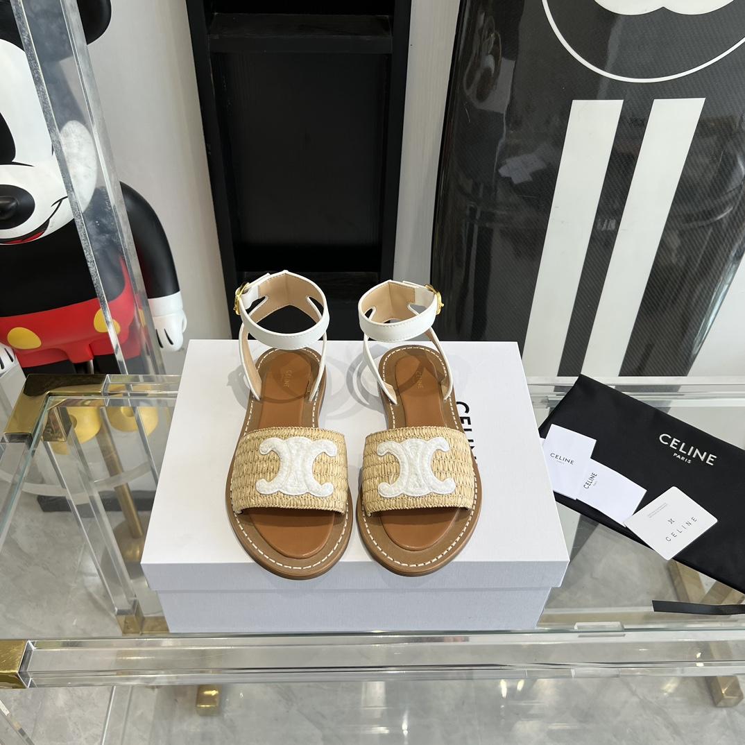 Celine Lympia Flat Strap Sandal In Raffia & Calfskin - PerfectKickZ
