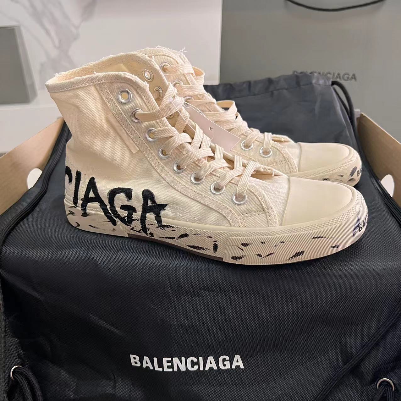 Balenciaga Paris High Top Graffiti Sneaker In White  - PerfectKickZ