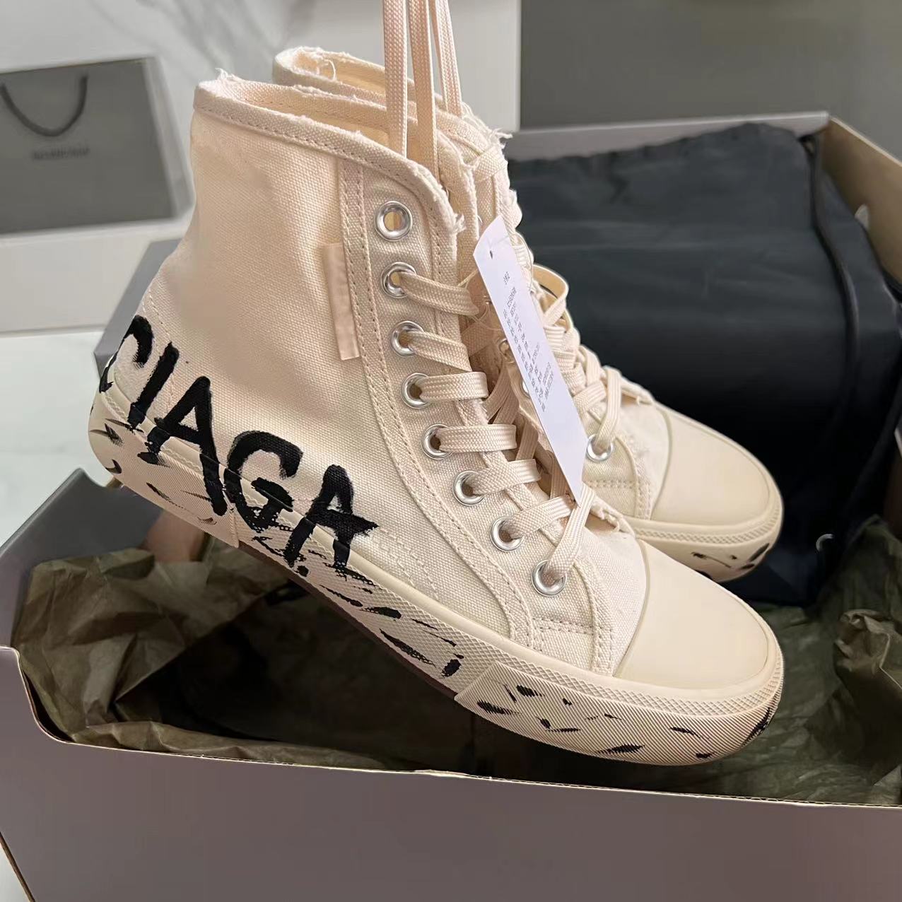 Balenciaga Paris High Top Graffiti Sneaker In White  - PerfectKickZ