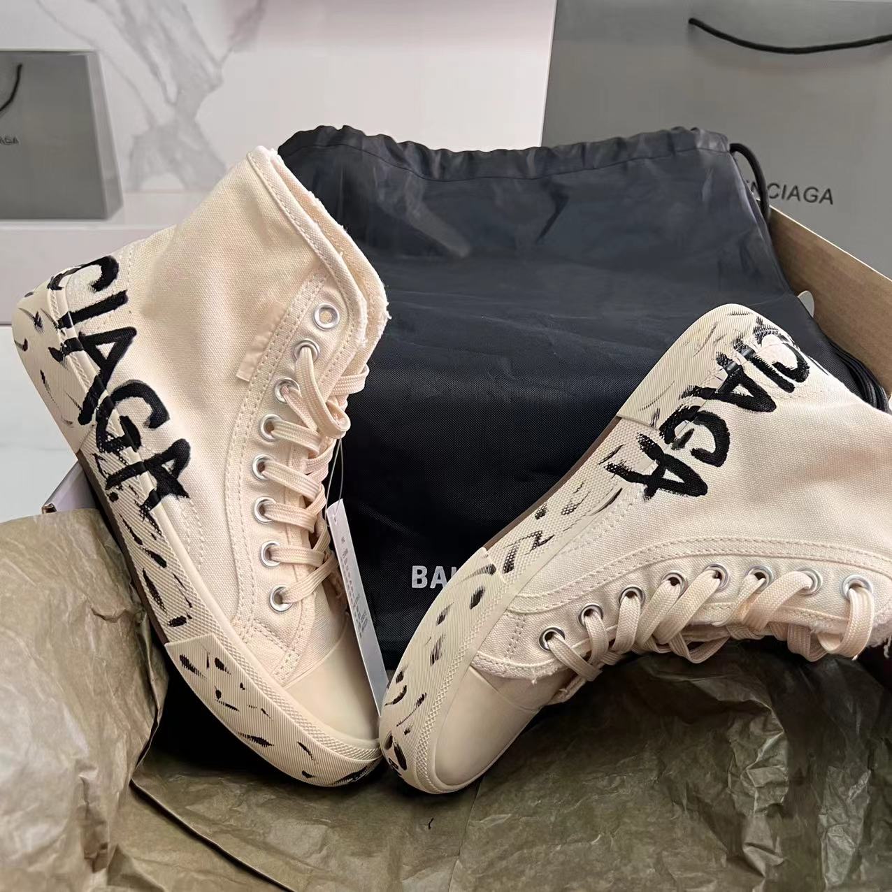 Balenciaga Paris High Top Graffiti Sneaker In White  - PerfectKickZ