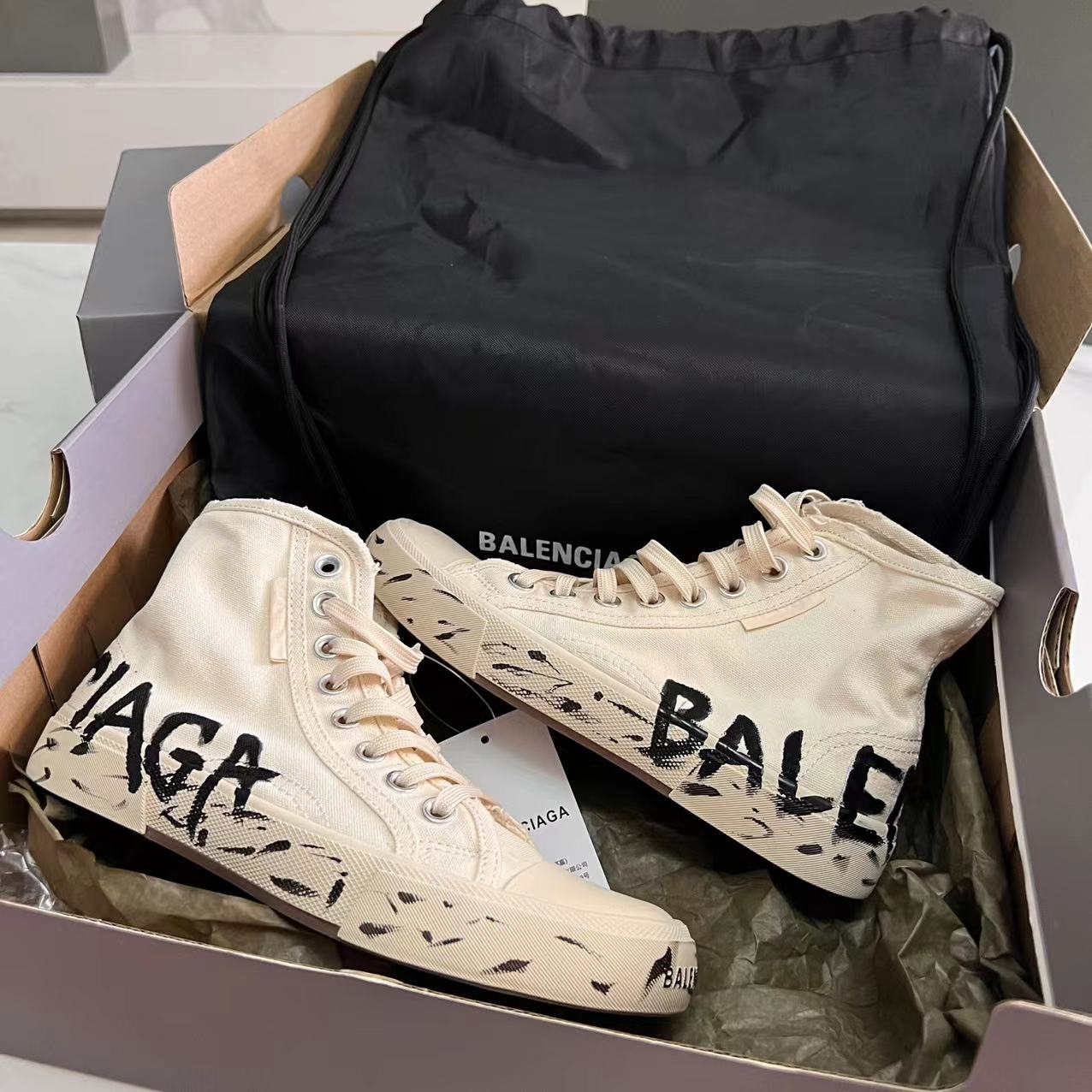 Balenciaga Paris High Top Graffiti Sneaker In White  - PerfectKickZ