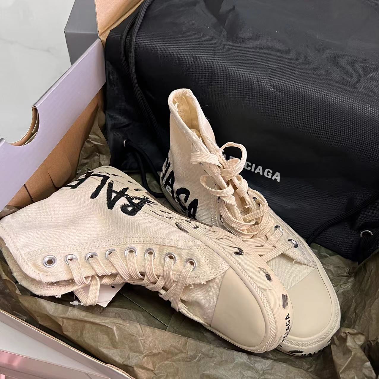 Balenciaga Paris High Top Graffiti Sneaker In White  - PerfectKickZ