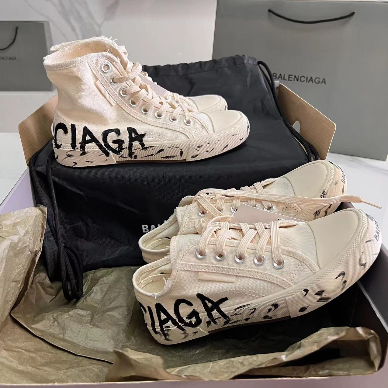 Balenciaga Paris High Top Graffiti Sneaker In White  - PerfectKickZ