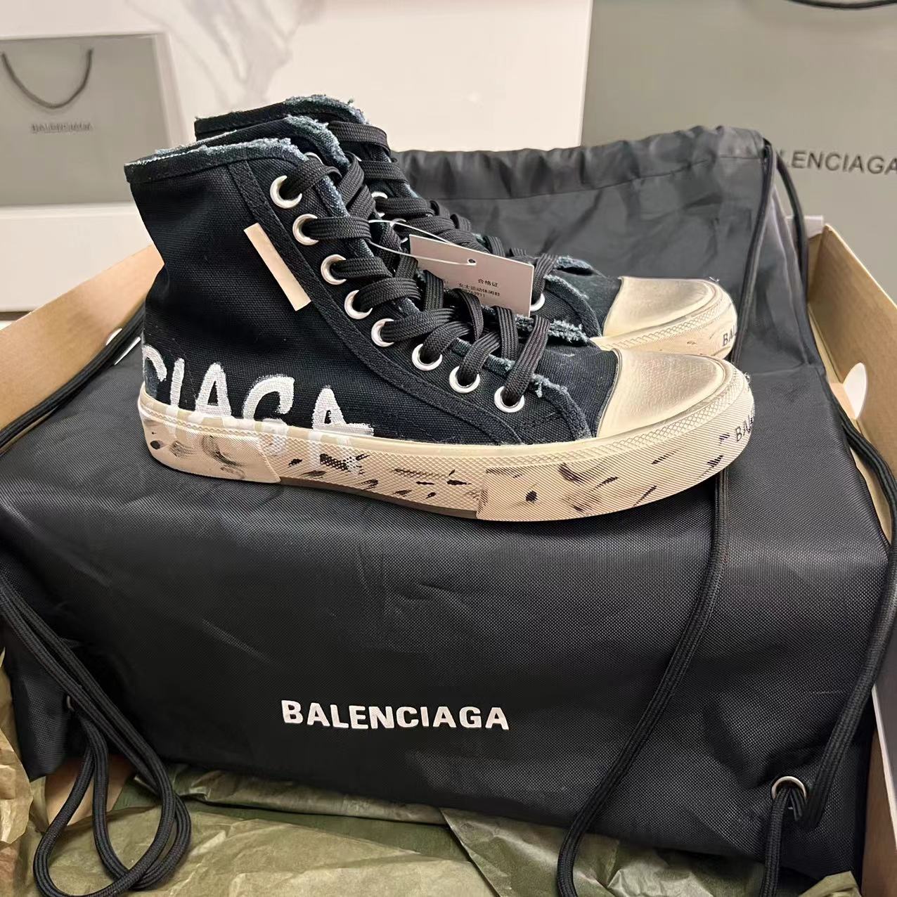Balenciaga Paris High Top Graffiti Sneaker In Black - PerfectKickZ
