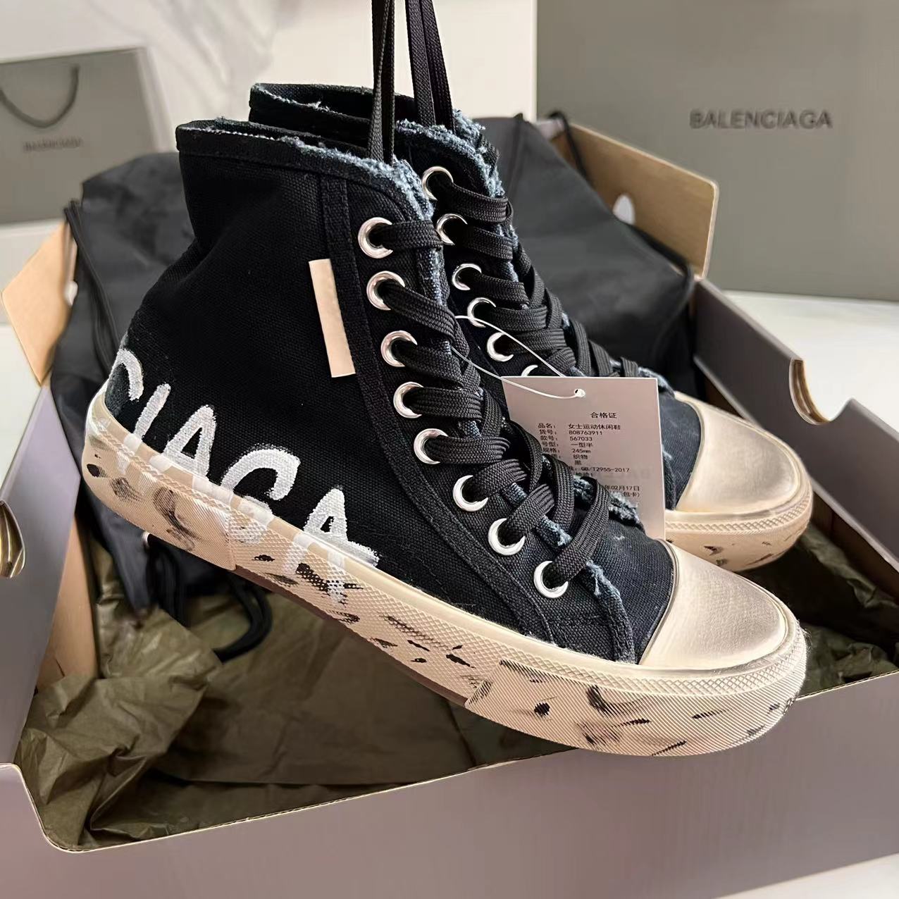 Balenciaga Paris High Top Graffiti Sneaker In Black - PerfectKickZ