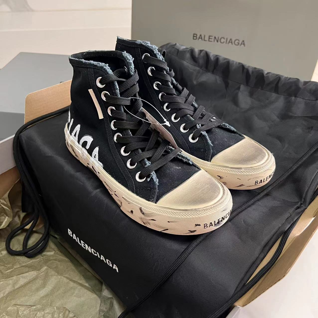 Balenciaga Paris High Top Graffiti Sneaker In Black - PerfectKickZ