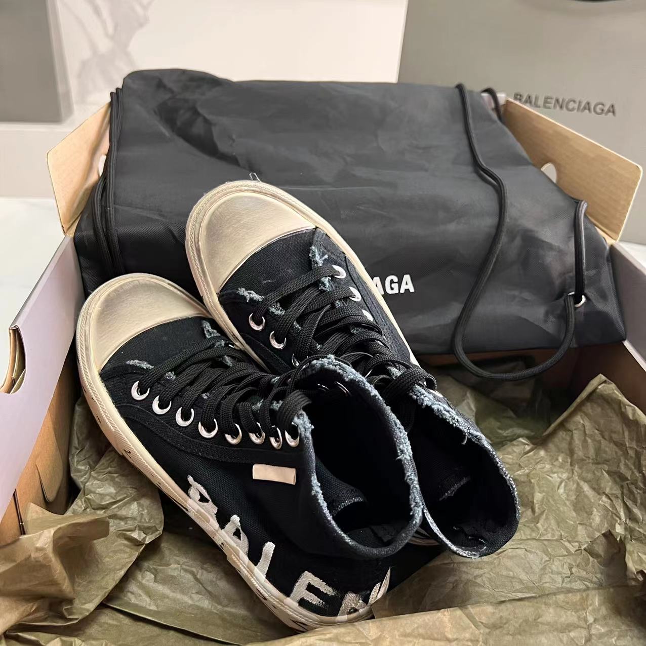 Balenciaga Paris High Top Graffiti Sneaker In Black - PerfectKickZ