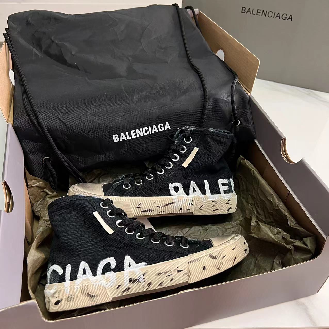 Balenciaga Paris High Top Graffiti Sneaker In Black - PerfectKickZ