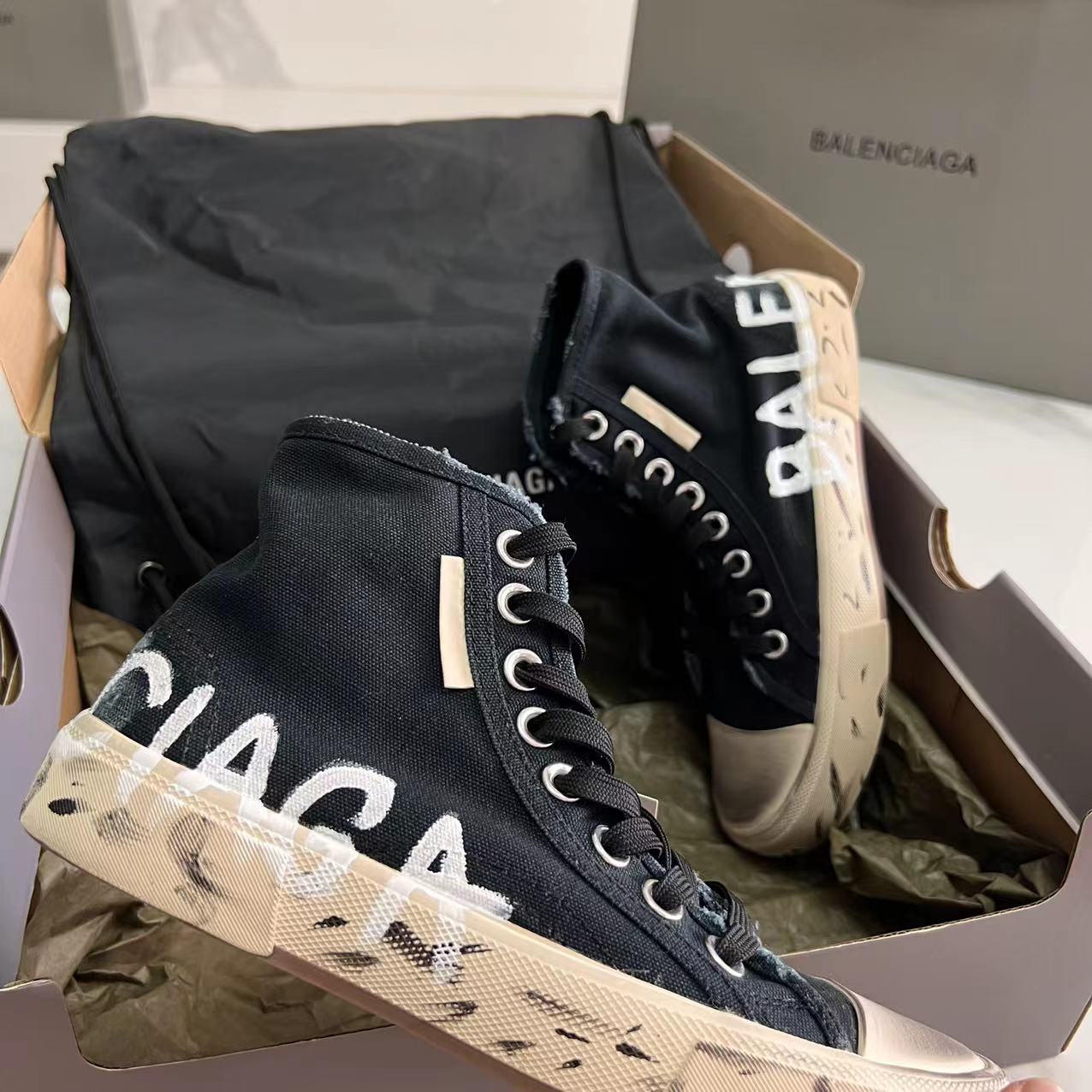 Balenciaga Paris High Top Graffiti Sneaker In Black - PerfectKickZ