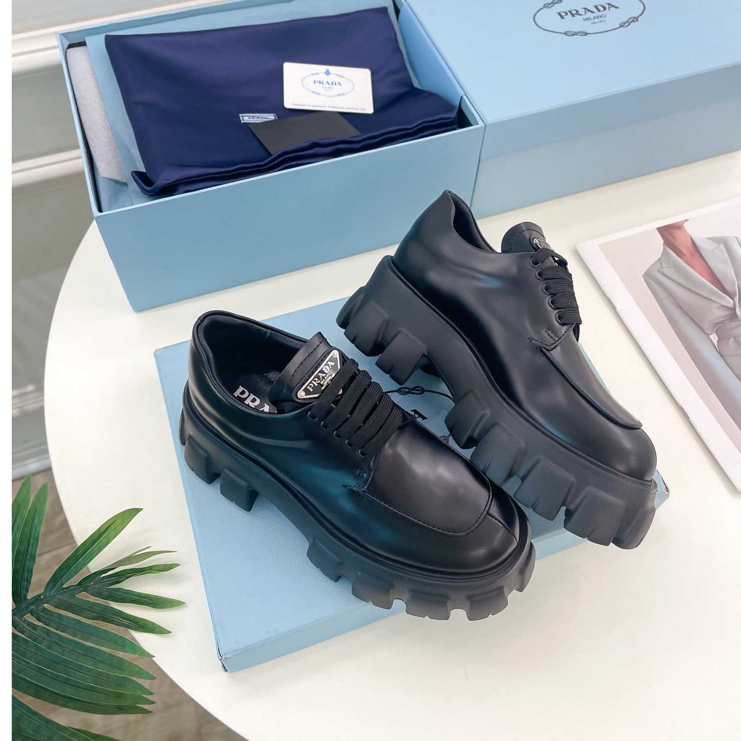 Prada Monolith Brushed Leather Lace-up Shoes - 