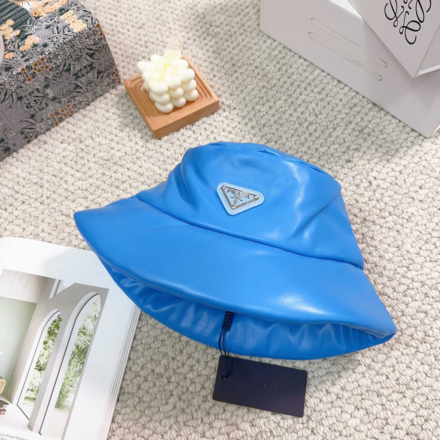 Prada Enamelled-logo Leather Bucket Hat - PerfectKickZ