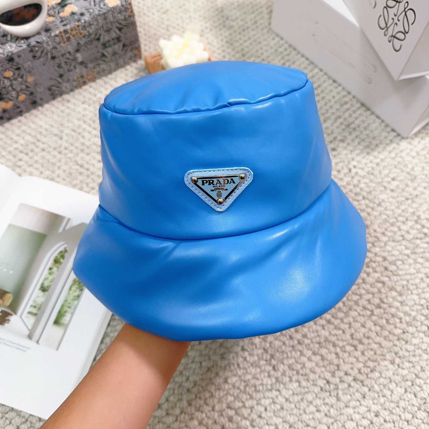Prada Enamelled-logo Leather Bucket Hat - PerfectKickZ