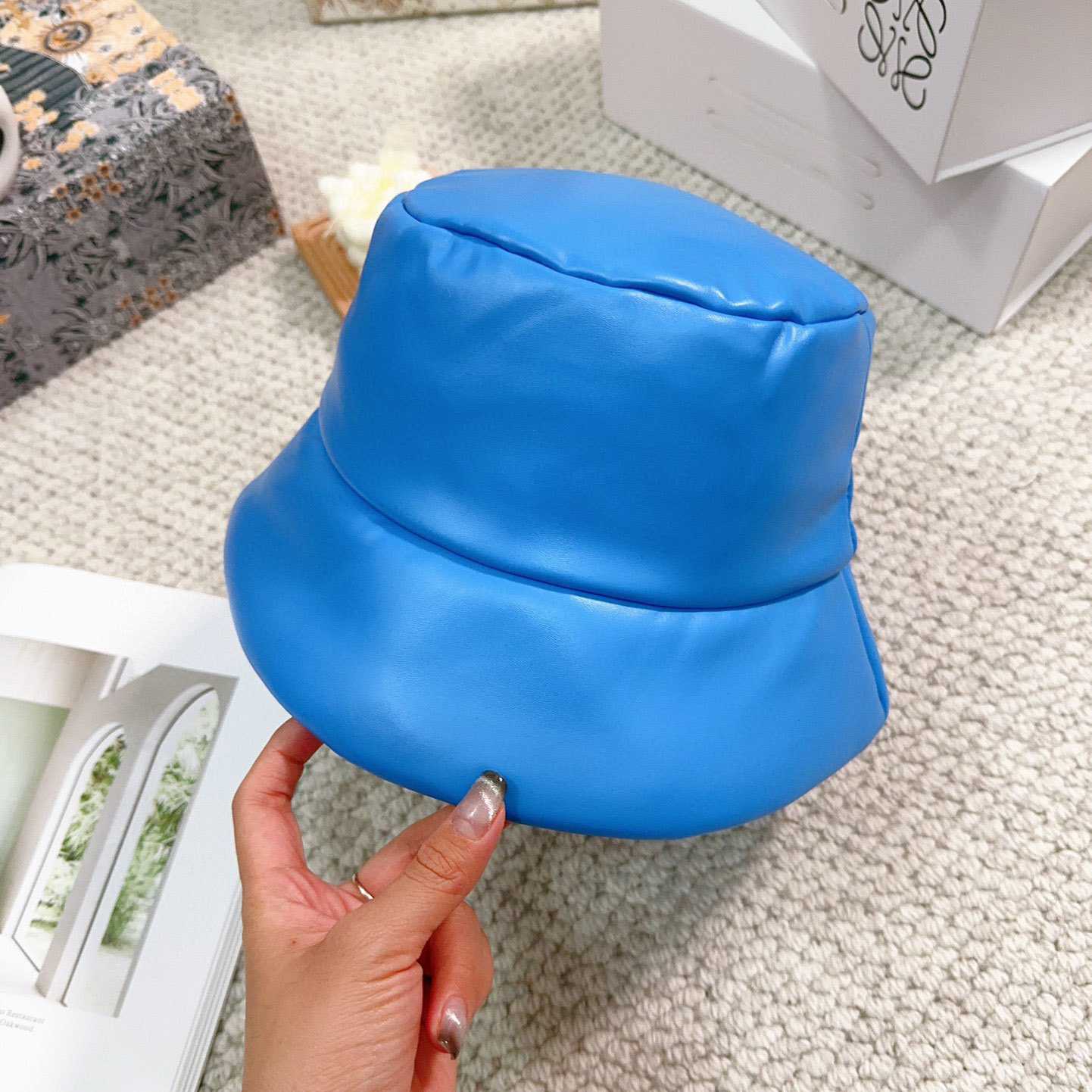 Prada Enamelled-logo Leather Bucket Hat - PerfectKickZ