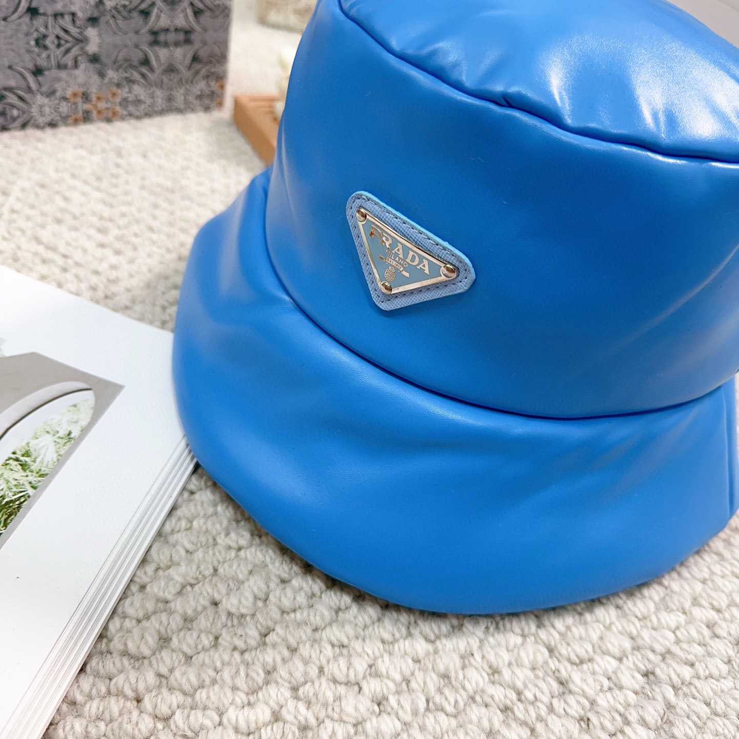 Prada Enamelled-logo Leather Bucket Hat - PerfectKickZ