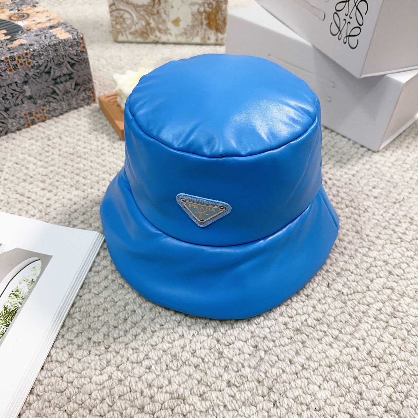 Prada Enamelled-logo Leather Bucket Hat - PerfectKickZ