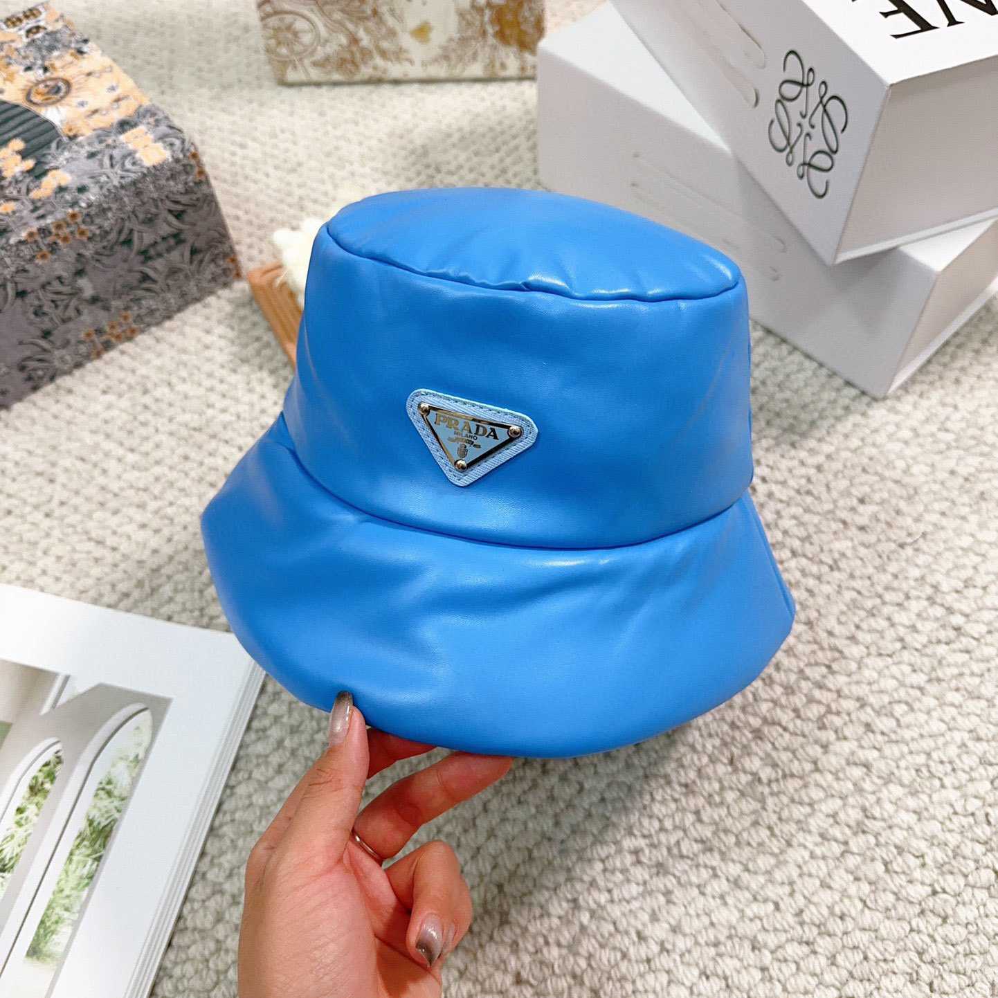 Prada Enamelled-logo Leather Bucket Hat - PerfectKickZ