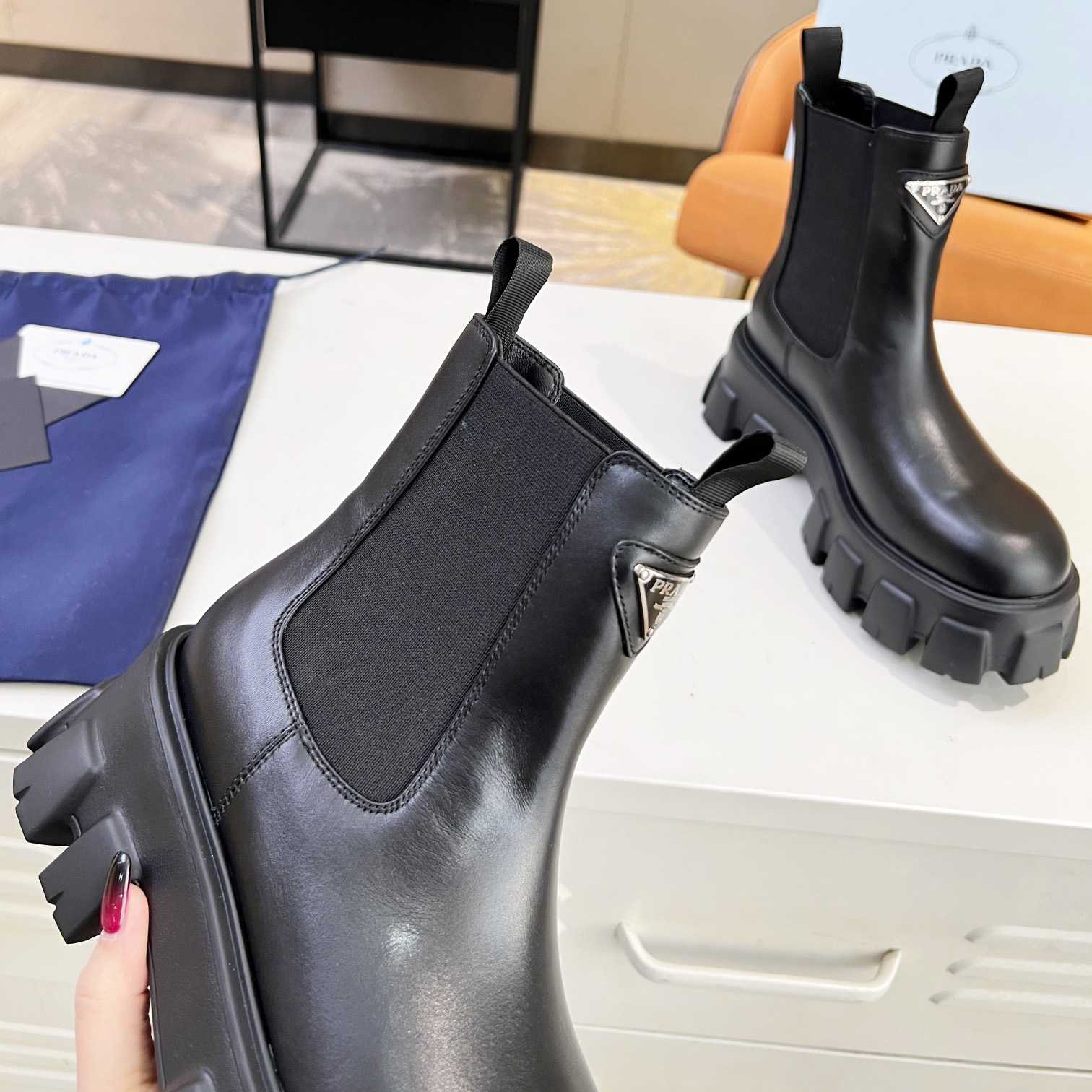 Prada Monolith Brushed Leather Booties - 