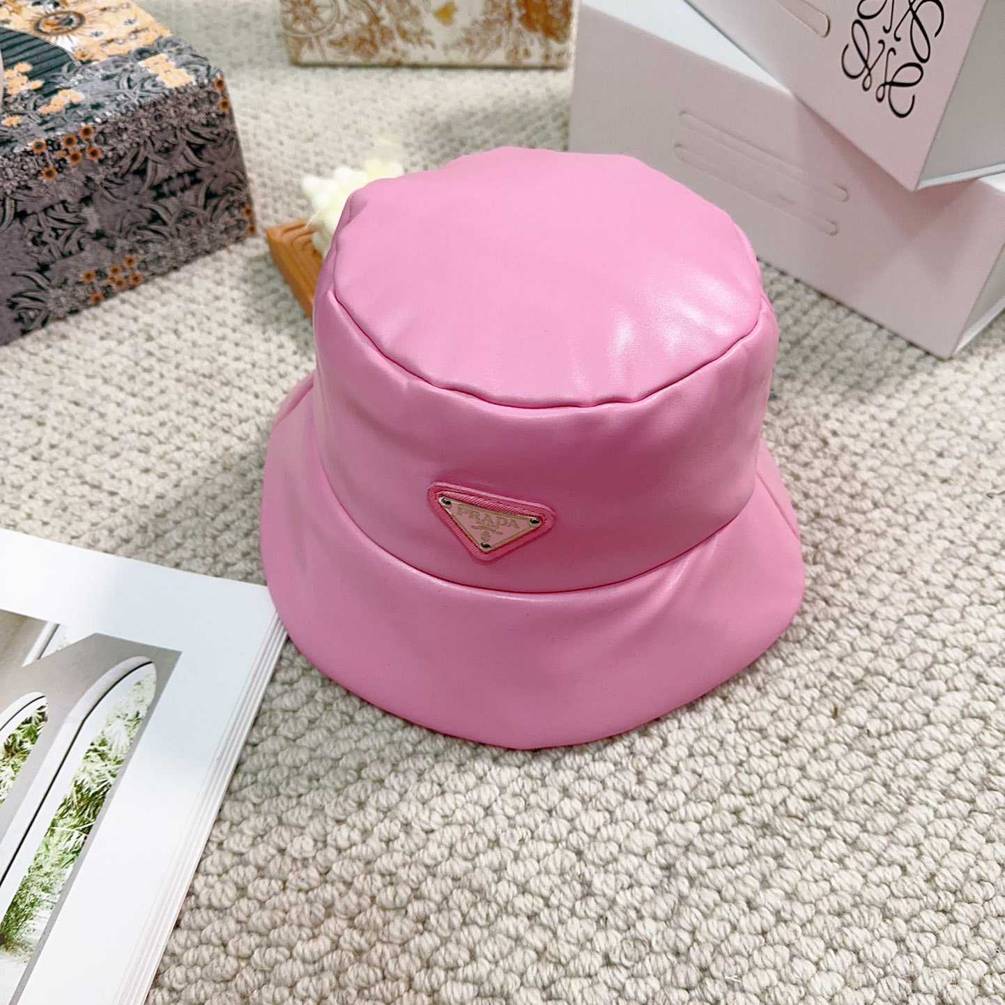 Prada Enamelled-logo Leather Bucket Hat - PerfectKickZ