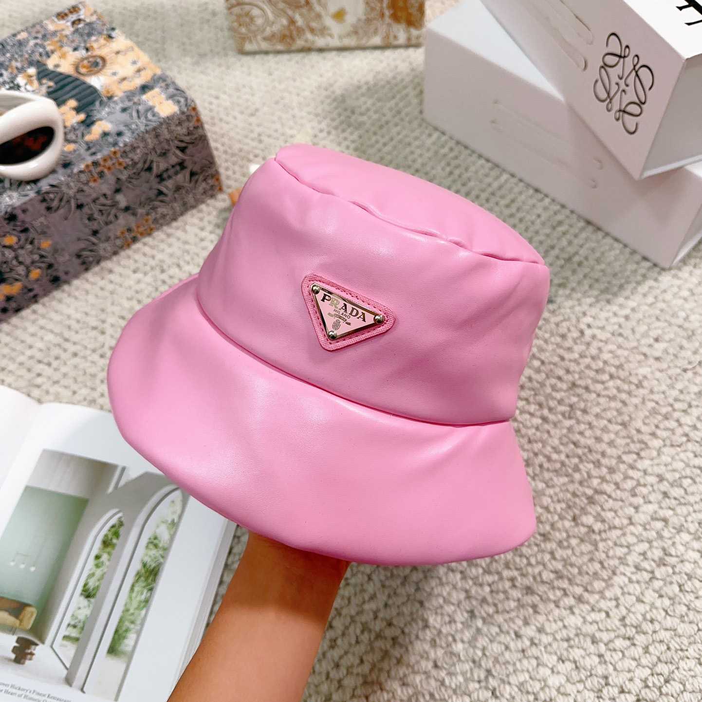 Prada Enamelled-logo Leather Bucket Hat - PerfectKickZ