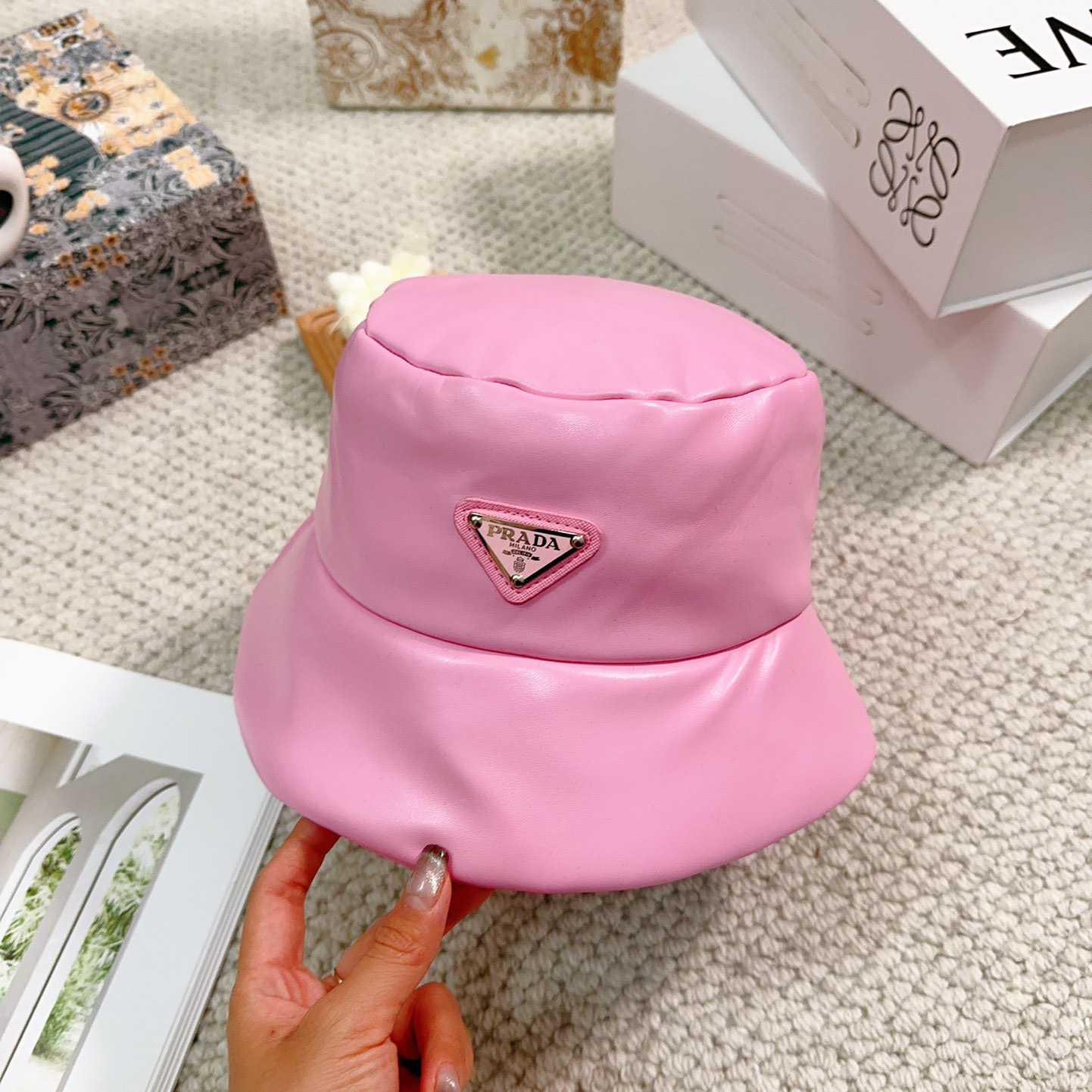 Prada Enamelled-logo Leather Bucket Hat - PerfectKickZ