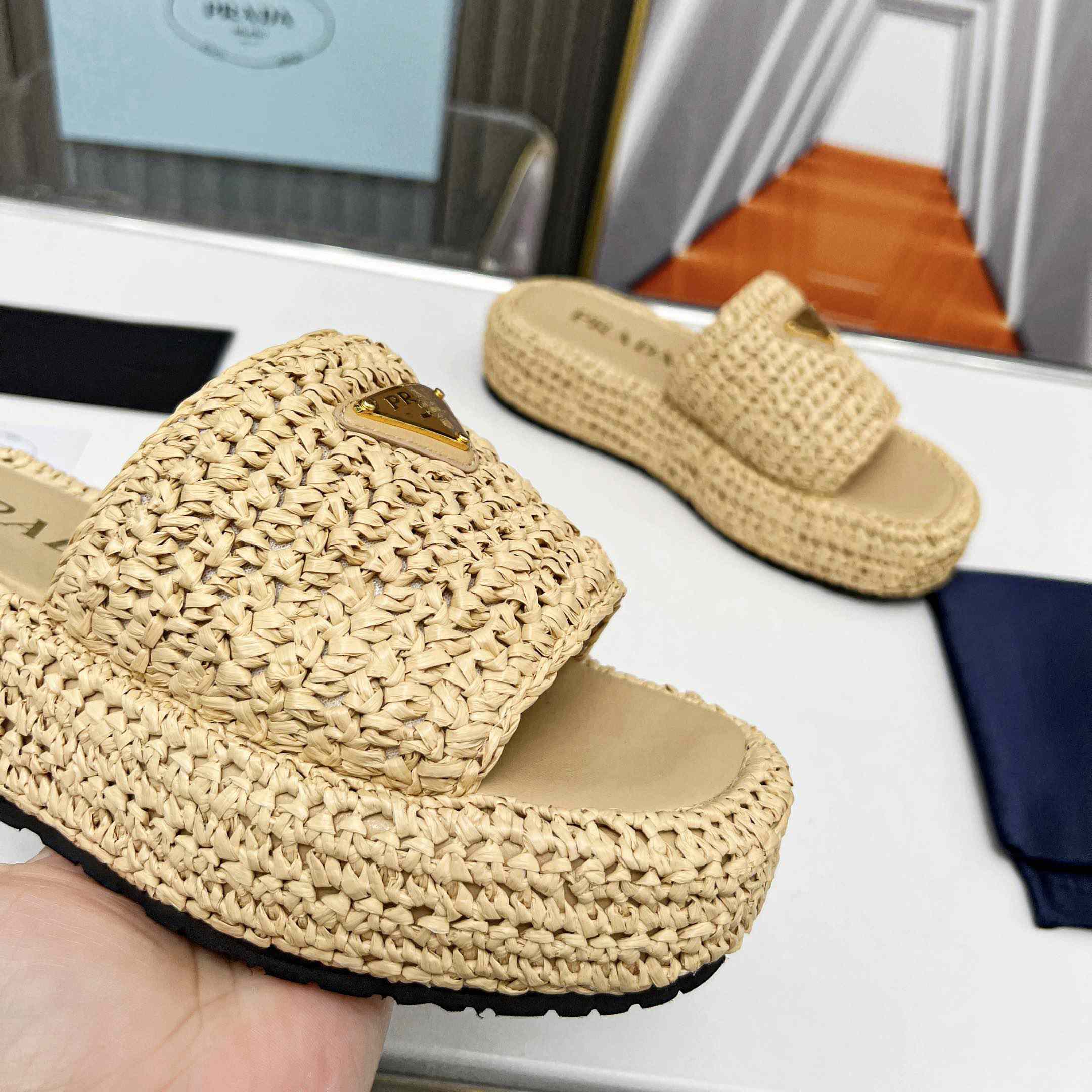 Prada Raffia Single-Band Platform Slides - 