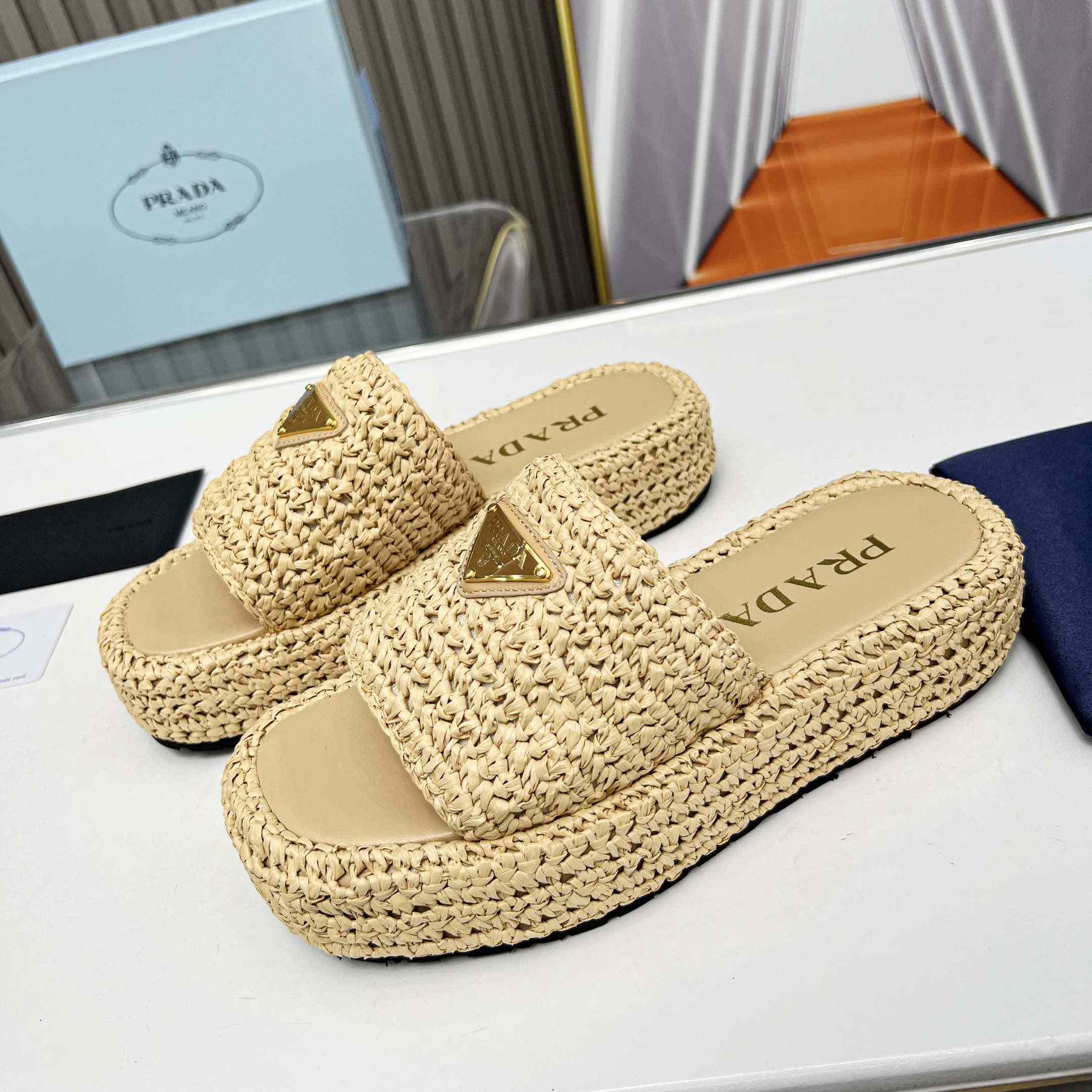 Prada Raffia Single-Band Platform Slides - 