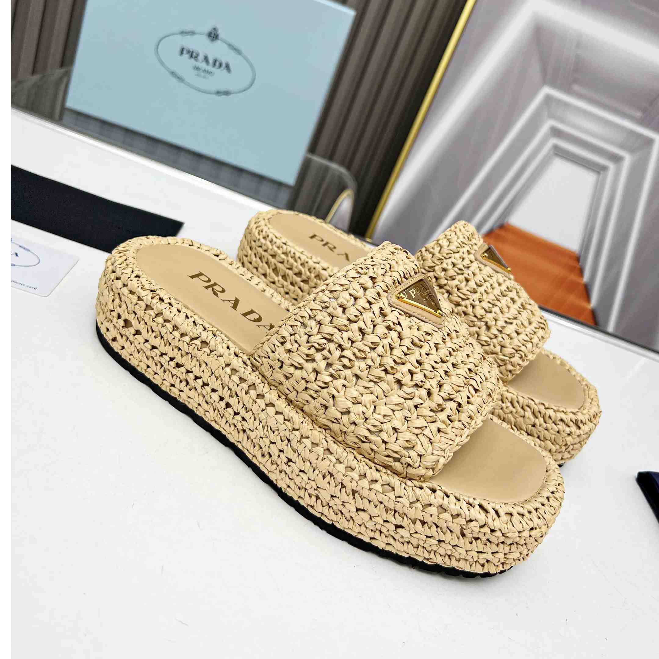 Prada Raffia Single-Band Platform Slides - PerfectKickZ