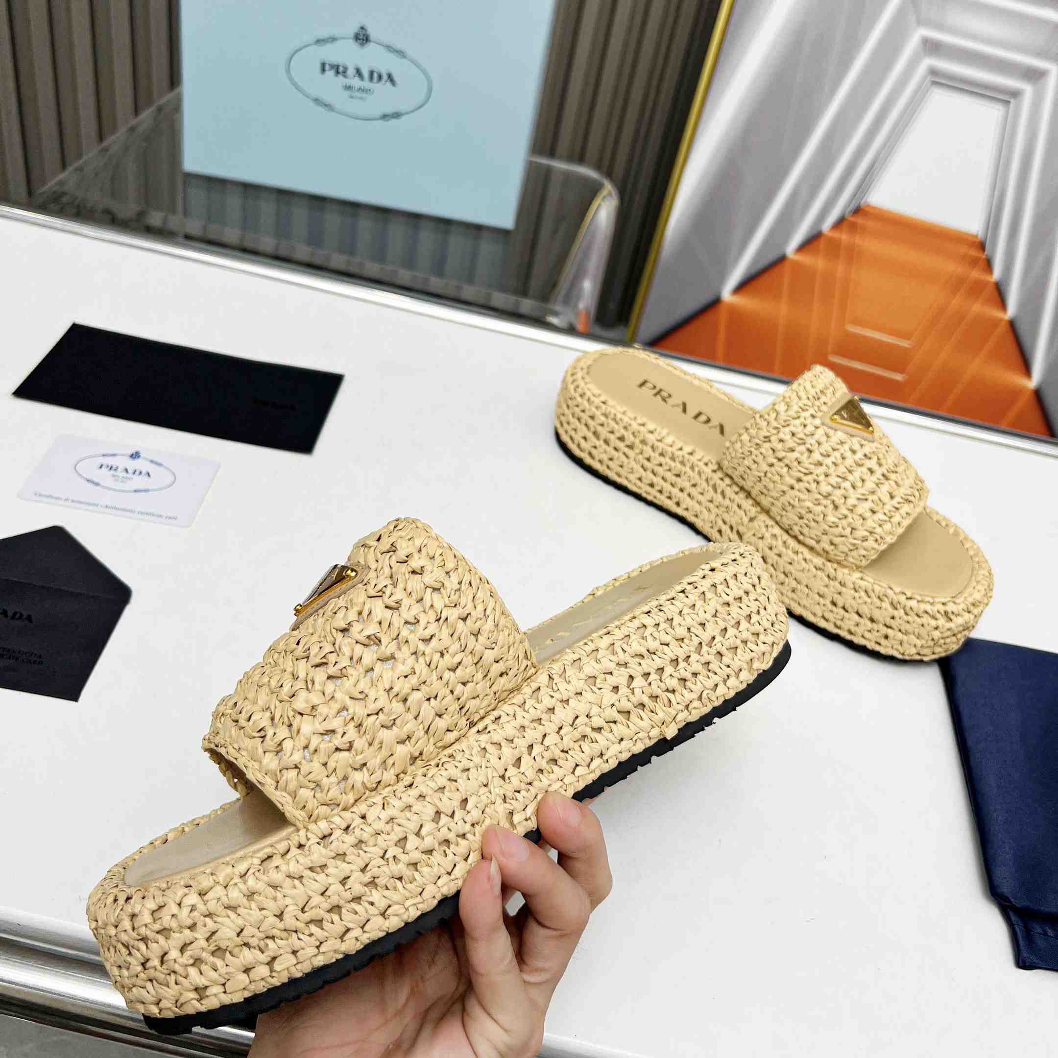 Prada Raffia Single-Band Platform Slides - 